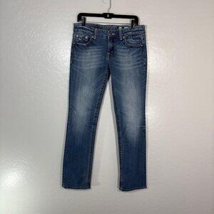 Miss Me Jeans Womens 31 Blue Straight Leg Embroidered Pockets Stretch Denim